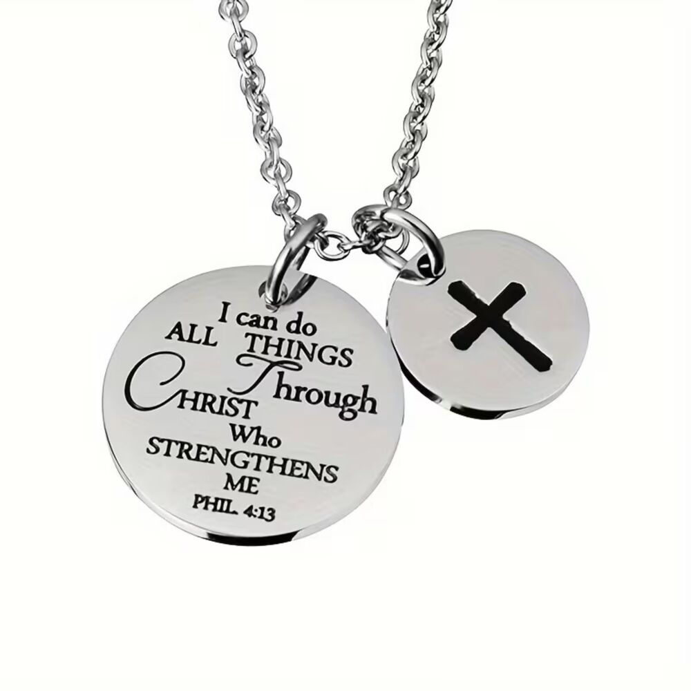 Silver Stainless Inspiration Pendant Necklace 2-Charm Cross Spiritual Religious
